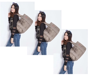 Khaki nylon shoulder bag for women with wide strap shown in a triple layered layout