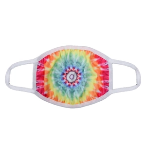 Detail of colorful tie-dye protective mask with white elastic ear loops and fabric texture