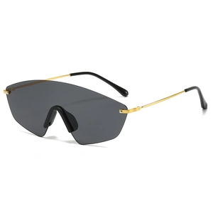 Fashion rimless oversized sunglasses with geometric gray lenses and gold metal temples