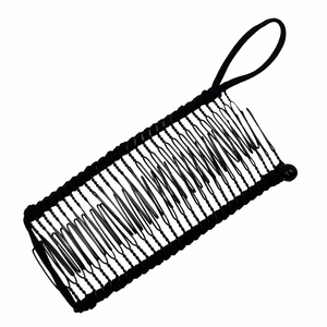 Detail view of a black metal banana hair clip with wavy teeth and elastic bead closure