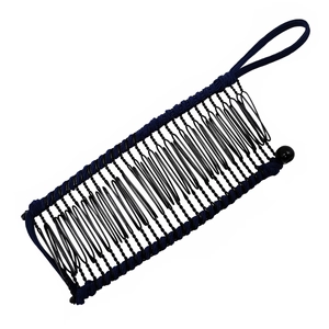 Detail of banana hair clip featuring dark blue woven fabric and black metallic wire teeth