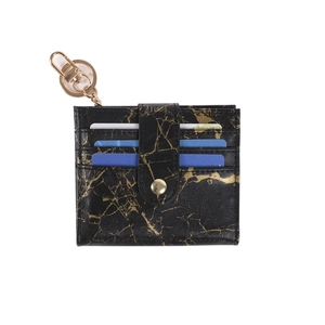 Fashionable black marble pattern PU leather card holder with gold round buckle and keychain