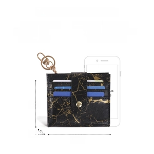 Minimalist marble texture women's PU leather card holder with secure snap closure and keychain