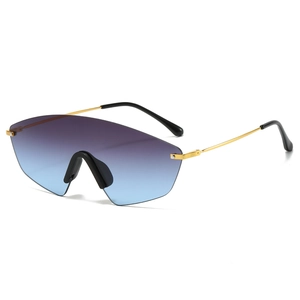 Fashion rimless one-piece sunglasses with purple-blue gradient lenses and gold temples
