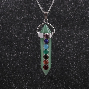 Seven Chakra pendular necklace with green crystal pillar and silver-tone chain