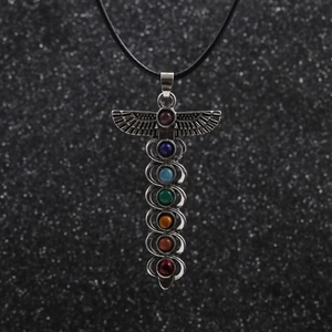 Silver caduceus wings necklace with seven colorful chakra stones on black cord