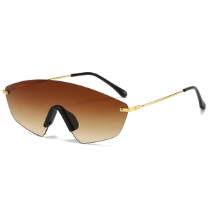 Fashionable oversized gradient brown rimless sunglasses with golden metal temples