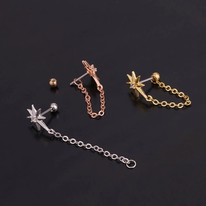 Minimalist stainless steel star chain earrings in silver, gold, and rose gold finishes