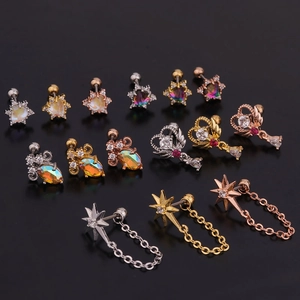 Golden and silver stainless steel star and heart stud earrings with colorful zircon gems