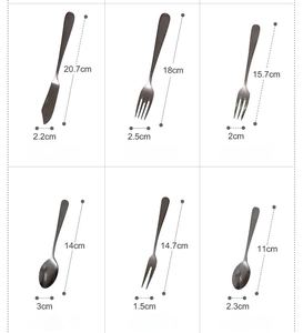 Detailed size chart for retro stainless steel steak knife, fish fork, and dessert spoons