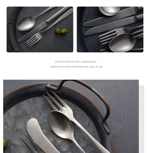 Macro detail of retro matte silverware set featuring a vintage steak knife and dessert spoon