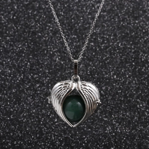 Silver stainless steel heart angel wing necklace with deep green bead pendant for women