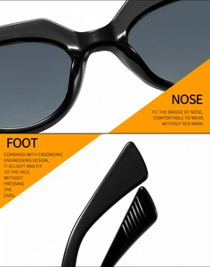 Detail of comfortable nose pads and ergonomic temples on black fashion sunglasses