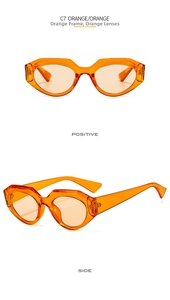 Close-up of orange geometric cat-eye sunglasses with wide temples on white background