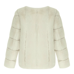 Back view of a short faux fur coat in cream white featuring a collarless minimalist design