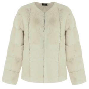 Detailed texture of off-white faux fur jacket with round neck and striped plush pattern