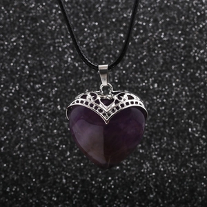Purple heart pendant necklace with natural texture on a black wax cord for women