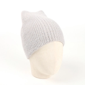 Detailed close-up of light grey knitted cat ear hat with soft fuzzy ribbed texture