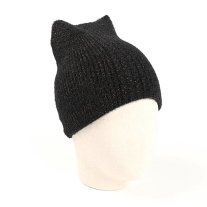 Detail of black knit hat with faux mink fur texture, cat ears and gold metallic sparkles