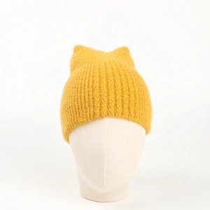 Winter faux mink fur knit hat with cute fox ears in bright yellow ribbed texture