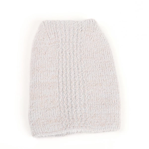 Detail of light gray knit beanie featuring vertical stripes and subtle silver sparkles