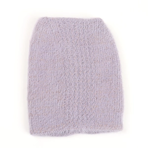Detail of lavender faux mink knit fabric featuring shiny gold threads and soft texture