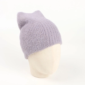 Close-up of light purple knitted hat with cute fox ears on a head model display