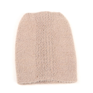Close-up of pink knit beanie with faux mink fur texture and subtle gold glitter details