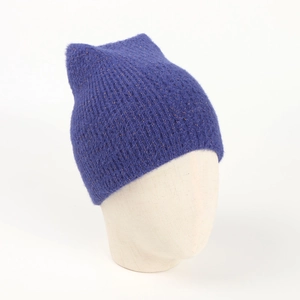 Detail of purple cat ear knit hat showing fuzzy faux mink texture and subtle gold sequins