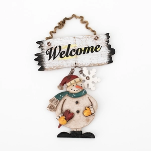 Christmas snowman Welcome sign with rustic wooden wreath and snowflake door decor