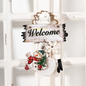 Rustic Christmas snowman welcome sign with rattan ring and mini tree for door hanging decor