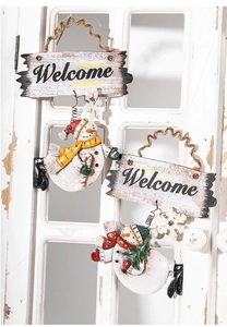 Detail of Christmas snowman welcome sign featuring knitted texture scarf and rustic hanging rope
