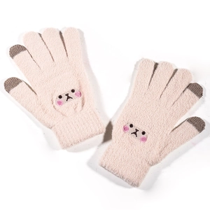 Close-up of pink knit gloves with cute cartoon animal embroidery and touchscreen tips