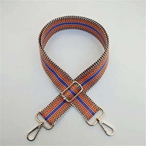 Detail of adjustable bag strap with orange and purple geometric ethnic patterns