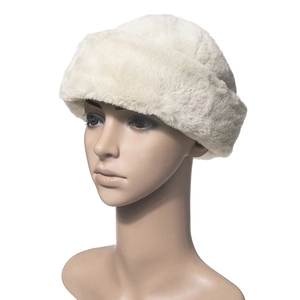 Thick warm cream faux fur docker hat with fluffy texture and wide brim for winter