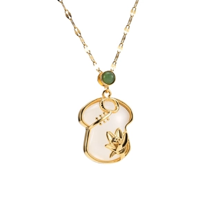 Collier À Pendentif Serrure Ruyi Lotus Pour Femmes Plqué Or 18 Carats Acier Inoxydable Faux Jade Blanc Bijoux Vintage Style Chinois