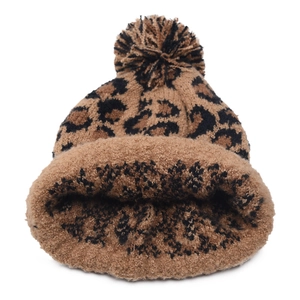 Women's leopard print knit hat with fluffy pom-pom and warm faux mink fur texture