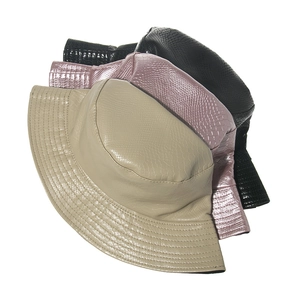 Foldable faux leather bucket hat with crocodile pattern in black, beige and pink