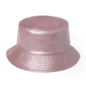 Pink purple PU leather bucket hat with crocodile texture and metallic finish for winter
