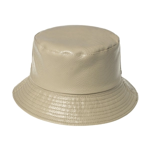 Beige PU leather bucket hat with crocodile pattern and durable stitched brim for women