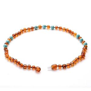 Baltic amber and turquoise teething necklace for babies with secure screw clasp closure