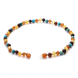 Natural amber and turquoise baby necklace with colorful beads and secure screw clasp