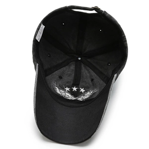 Inside view of vintage washed denim baseball cap with embroidery and adjustable strap