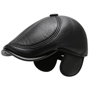 Men's black leather flat cap with ear flaps for winter, classic windproof warm newsboy hat