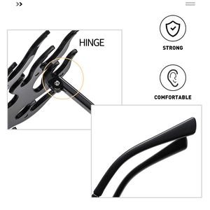 Detail of the reinforced metal hinge and ergonomic temples on black flame sunglasses