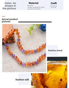 Detail of handmade Baltic amber necklace featuring amethyst, quartz, and turquoise beads