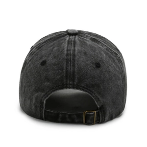 Rear view of vintage washed denim baseball cap with adjustable metal buckle and stitching