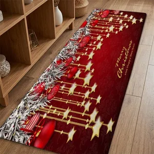 Detail of red flannel Christmas rug featuring festive gold stars and holiday decorations