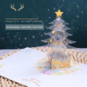 3D pop-up Christmas tree card with gold foil stars and frosted semi-transparent finish
