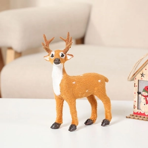 Detailed view of mini reindeer ornament with realistic fur texture on warm sofa